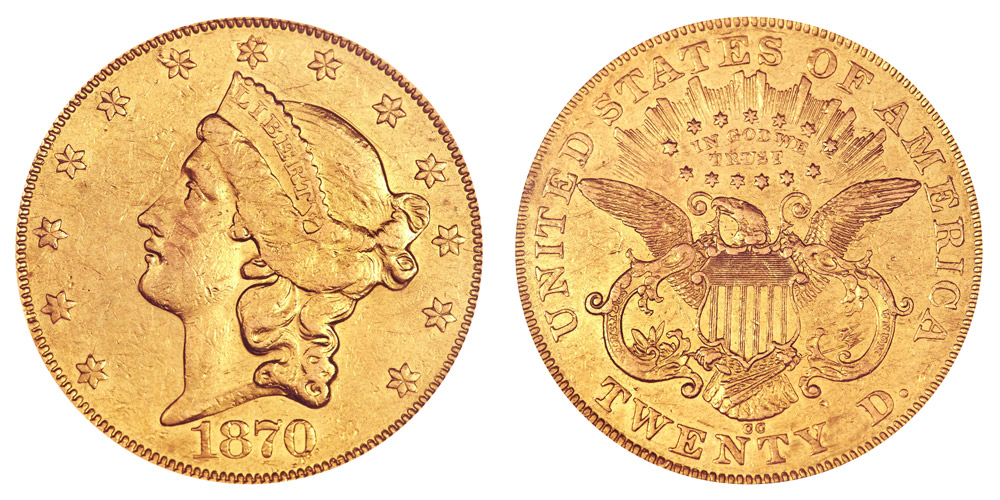 1870-CC Coronet Head Gold $20 Double Eagle